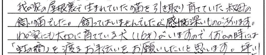 永平寺町のお客様「「虹の橋」を渡るお手伝いをお願いしたいと思います。」(猫)